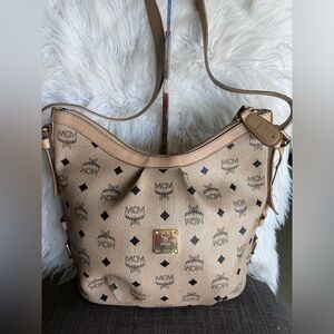 MCM Beige Visetos Logo Shoulder Bag with Gold Plate